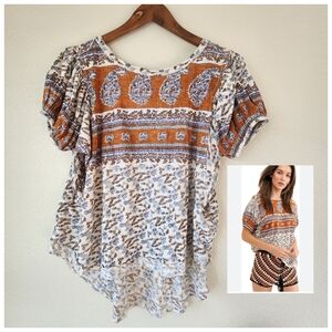 Free People Paisley Tee Ivory Combo Puff Sleeve Open Scoop Back Top Medi…
